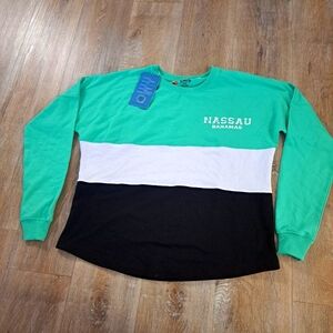 Coastal Chic Nassau Bahamas Green Black White Striped Long Sleeves Shirt Medium